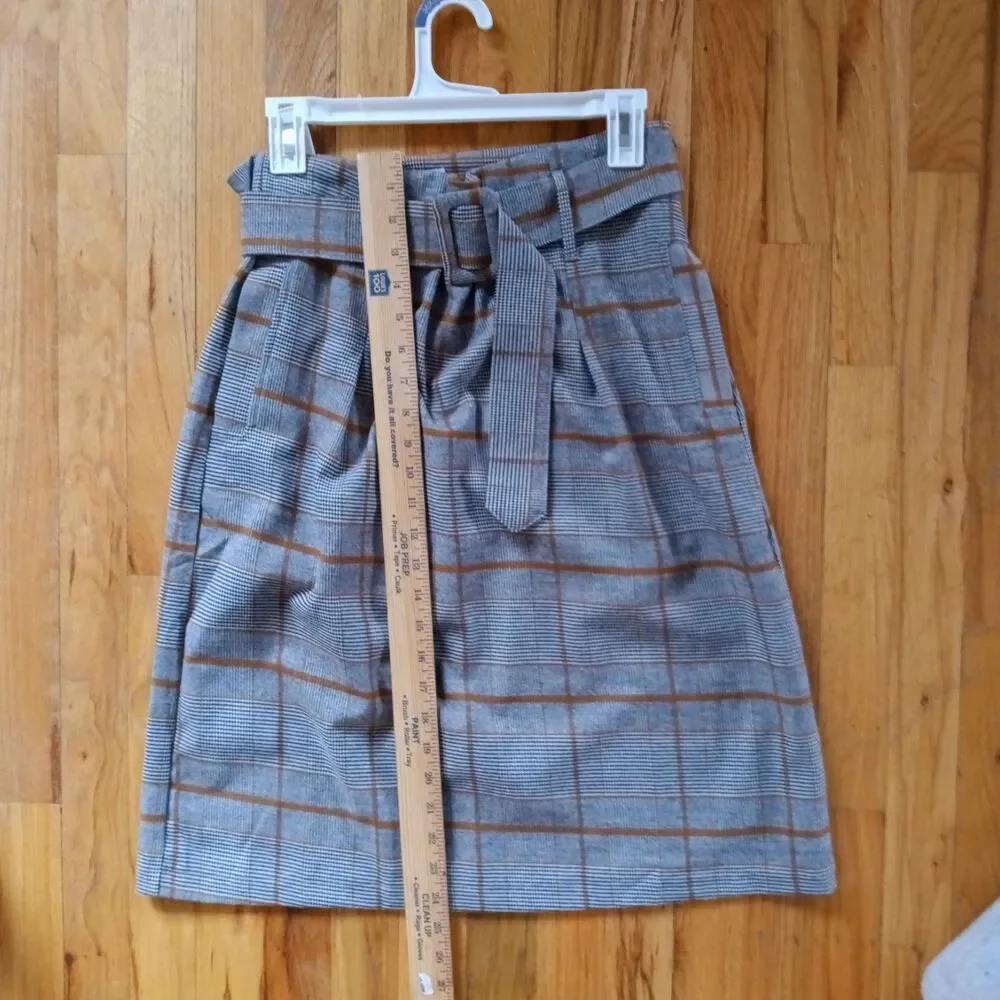 Sweet Salt Plaid Tweed Pencil Midi Skirt Grey Brown Size S Belted quiet luxury - Picture 4 of 4